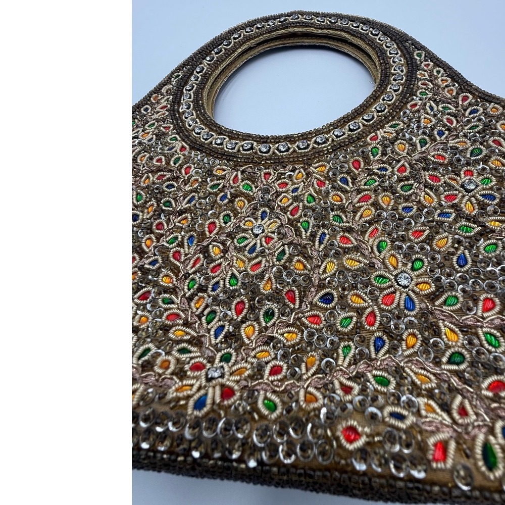 Mochi Hand-Beaded Zardosi Evening Bag - Metallic Gold with Multi-Color Accents - Picture 2 of 9